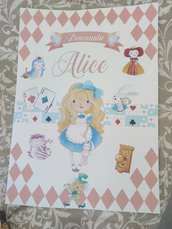 Banner festa compleanno nascita Alice paese meraviglie stregatto regina cuori bianconigloo 