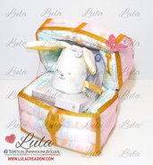 Torta di pannolini SCRIGNO + Luce notturna/giochino/doudou idea regalo nascita battesimo baby shower femmina rosa