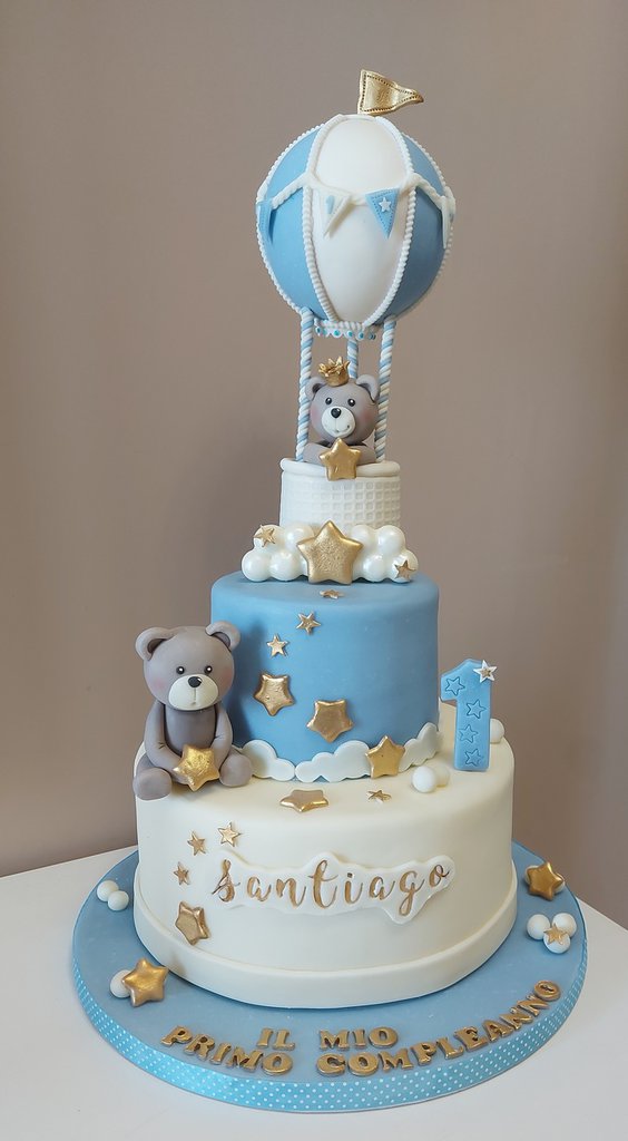 Cake topper angioletto in mongolfiera con festone decorazione torta