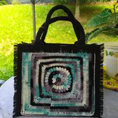 Borsa juta nera Granny fiore