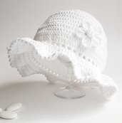Cappellino/cappello bimba bianco con fiore in lino e tulle - Battesimo - Greta