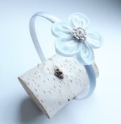 Cerchietto bimba in raso bianco con fiore in lino e tulle - Battesimo - Caterina