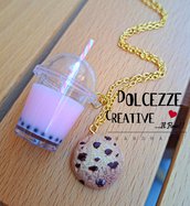 Collana Bubble tea - frappè - frullato - rosa- fragola con cookie - fake food - handmade - miniature kawaii