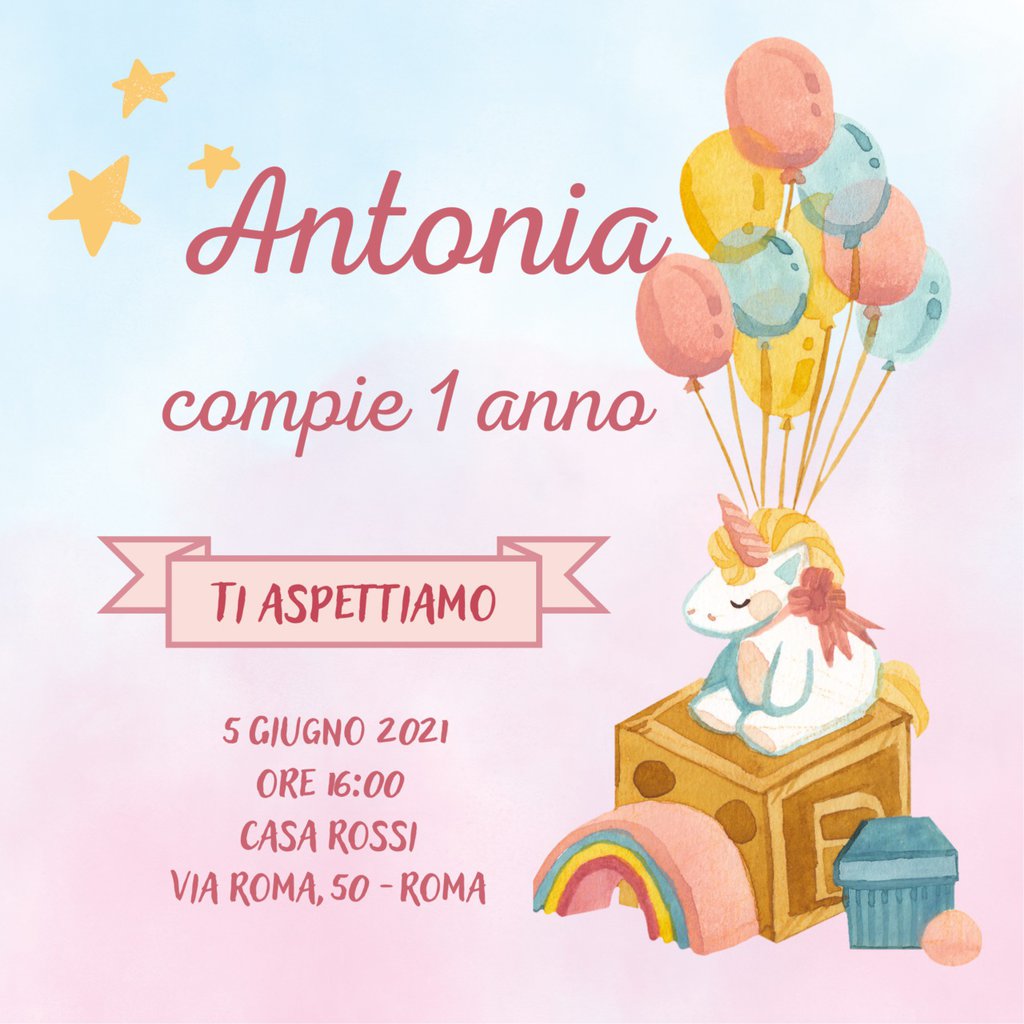 Primo Compleanno - Unicorno - Feste - Biglietti e inviti - di Un fi