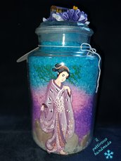 vaso di vetro porta sali da bagno - gheisa con kimono viola