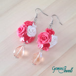 Orecchini Rose in Fimo con pendente Goccia, Rosa Bianco