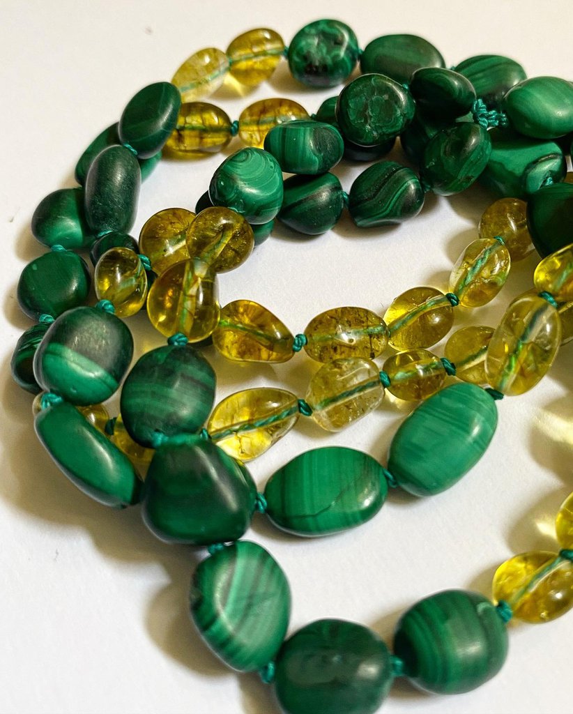 Collane Vintage En Malachite Naturelle Des Années 1960 - Longueur 47 Cm, Pierres Vertes Magnifiques