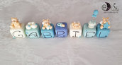 Cake topper cubi con orsetti ALATI in scala di blu nomi da 7 lettere 7 cubi 