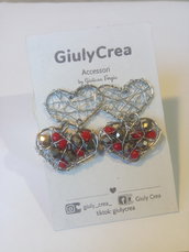 Orecchini donna wire doppi cuori in acciaio inossidabile con cristalli colore rosso e argento