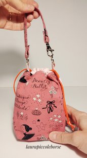 Piccola borsa/sacchetta con coulisse e moschettone in stoffa rosa "ballerine"