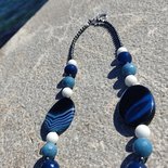 Yongxu Braccialetto Malocchio Uomo E Donna In Agata Blu E Nera Con Zirconia Cubica - 20 Pietre Portafortuna Regolabile, Gioiello Per Natale E San Valentino