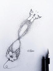 Disegno di farfalla e fiore con tecnica puntinato con pennino e china. 