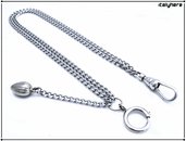 Catena per orologio da tasca, modello gurmette diamantata, acciaio inossidabile, doppia catena con ciondolo, attacco con moschettone, cm. 35