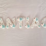 Cake topper Animaletti Lettere bianche a pois azzurri con tartaruga personalizzabile 8 lettere 