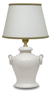 Lampada base larga in ceramica di Castelli smaltata bianco con manici ad anello diametro cm 40 h. cm 58