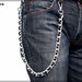 Catena per pantaloni e jeans, in maglia gourmette spessa colore argento intrecciata con vero cuoio nero, lunga cm.65, idea regalo