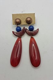 Maxi orecchini lunghi a goccia in resina marrone bordeaux e blu cobalto, orecchini fashion
