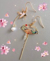Orecchini handmade bigiotteria stile giapponese gru e ventaglio eleganti 