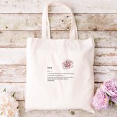 Borsa shopper in cotone con manici lunghi, borsa shopping con fiore e scritta love