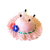 Cappellino puntaspilli rosa con fiori ad uncinetto in cotone 12 cm - 21PN