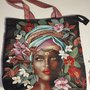 Shopper/tote bag in tessuto gobelin, foderata con cerniera fantasia viso donna