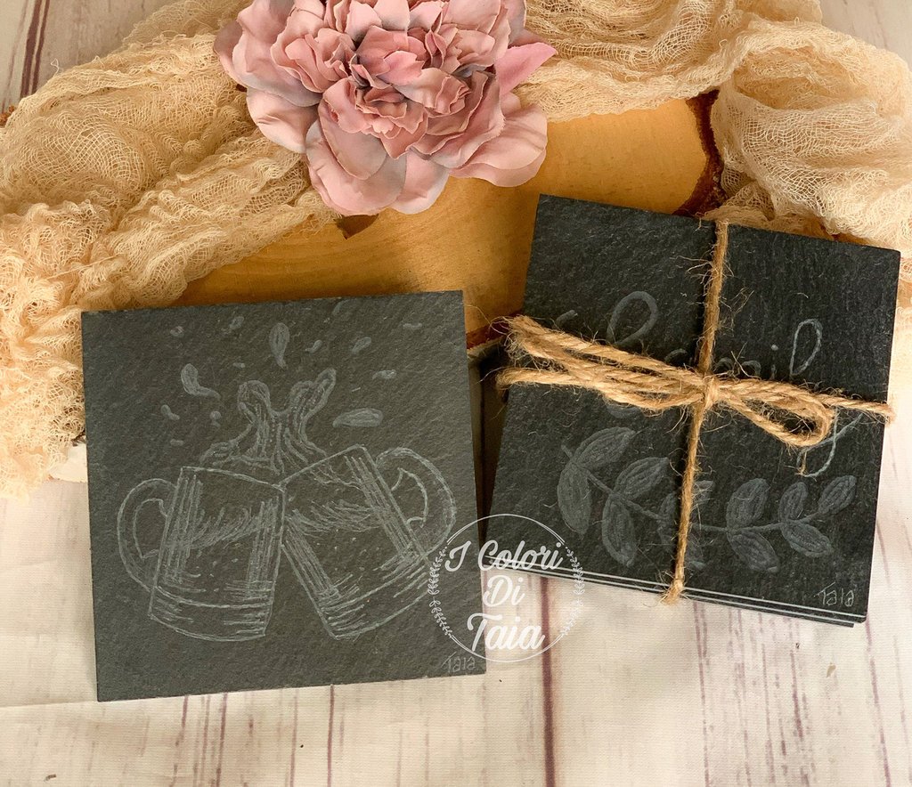 Set Di 4 Sottobicchieri In Ardesia Con Piedini In Gomma - Diametro 10 Cm - Foto 7