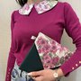 Pochette piatta ecopelle e tessuto fiori Magenta, rosa e verde