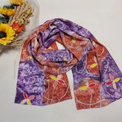Sciarpa in seta fantasia astratta color viola e rame