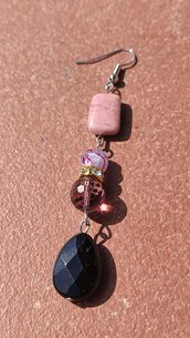 Orecchini onice nera, cristallo di vetro,perla di Boemia e rodonite rosa 