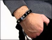 Bracciale in cuoio nero con rivetti e catena intrecciata colore argento, idea regalo - Italyhere