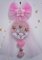 Fiocco nascita personalizzato in tulle rosa con unicorno  e stelle dorate