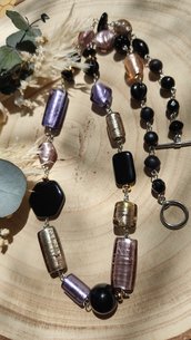 Collana Perle di Boemia nere e perle di vetro foglia argento 