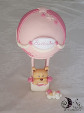 Cake topper mongolfiera battesimo o compleanno rosa per bimba con orsetto e nuvolette biberon e ciucciotto