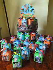 scatole bomboniera segnaposto gomma crepla glitter complete di confetti e bigliettino Bambi o personaggio a scelta