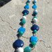 Collana, perle di giada verde, giada turchese, disco di giada zaffiro, quadrati di agata azzurra