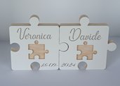 scritta nome personalizzata, coppia porta fedi nuziale, cuscino puzzle in legno per decorazione matrimonio e cerimonie