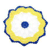 Centrino bianco giallo e blu rotondo ad uncinetto in cotone 23 cm - 15CN