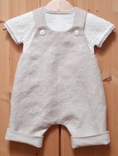 Completo Battesimo neonato/bambino - salopette lino e maglietta cotone - bianco/ecrù - Samuele