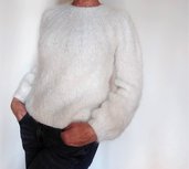 Maglione donna in mohair alpaca e seta bianco, pullover con manica a palloncino e scollo tondo, maglione ai ferri oversize bianco