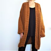 Cardigan lungo oversize in lana marrone, cardigan donna fatto a mano, cardigan in maglia ai ferri marrone, giacca a maglia lunga donna 