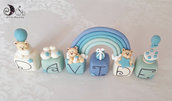 cake topper cubi nome con orsetti in scala di blu orsetto in mongolfiera personalizzato 6 cubi 6 lettere