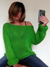 Maglione mohair verde brillante, pullover scollo a barca, maglione sexy spalla scoperta per donna, maglione boho