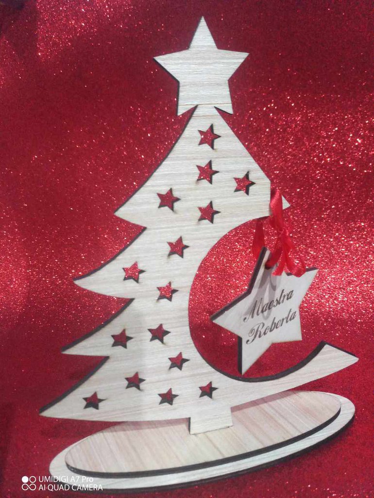 albero di natale legno auguri handmade laser regalo maestra decoraz