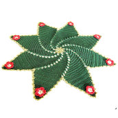 Centrino stella di Natale verde e oro con fiori rossi ad uncinetto 36 cm - 12NTL