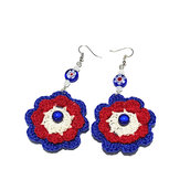 Orecchini fiore bianco rosso e blu con perle ad uncinetto 8 cm - 2BJ