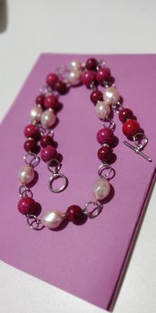 Collana agata fucsia e perle di vetro rosa