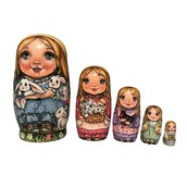 Matrioska di 5 pezzi lacca bambola di legno  "Bambine con animali"