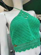 Top bikini verde fatto a mano all'uncinetto in puro cotone taglia unica