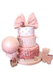 Torta scenografica bambina rosa con fiori orsetti mongolfiera e passeggino 