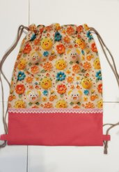 Sacca / sacchetta bambina in stoffa fiori 3d con bretelline, personalizzabile